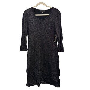 Nine West Metallic Black Knit Dress Womens Large 3/4 Sleeve Scoop Neck